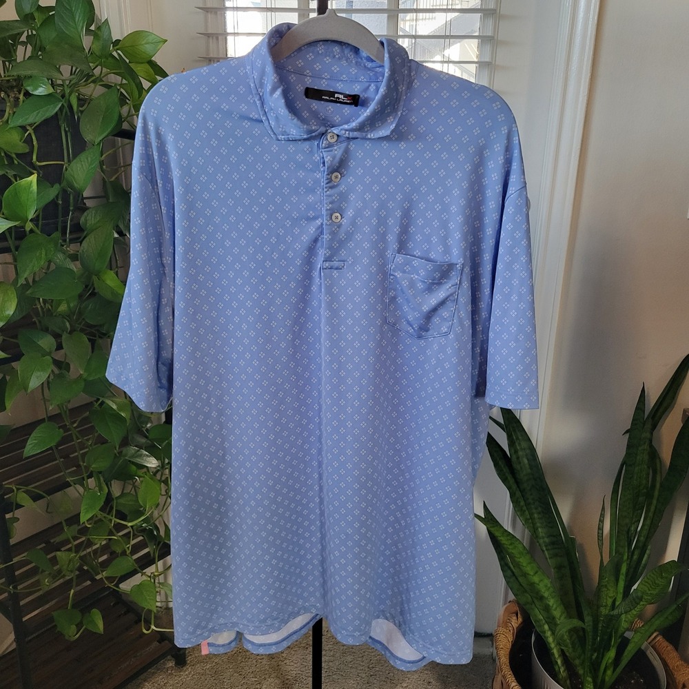 RLX Ralph Lauren Mens XXL Blue Geometric Print Golf Polo Shirt Short Sleeve